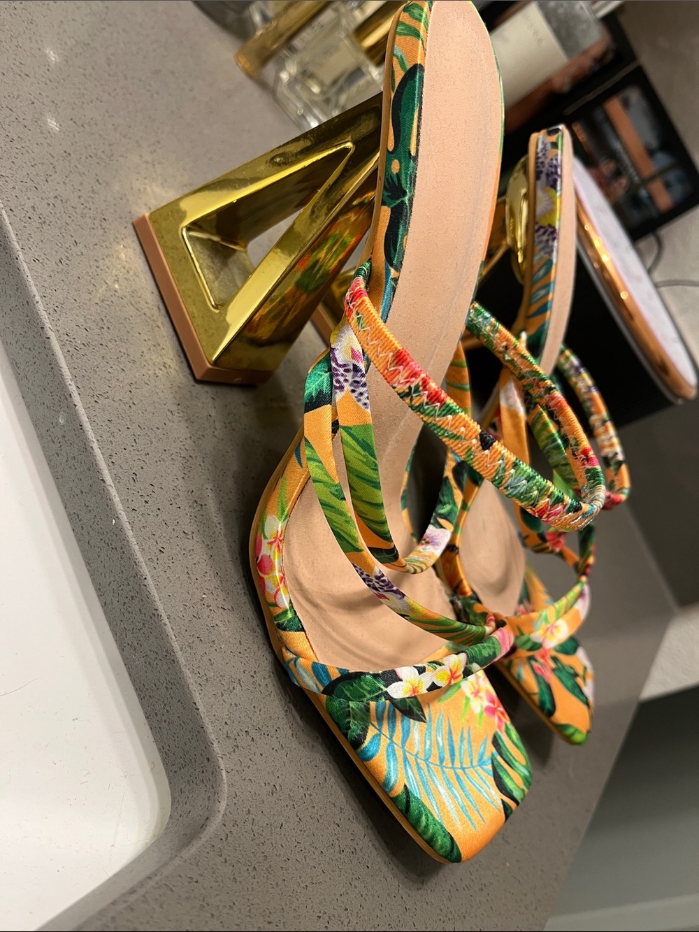 Tropical Print Strappy Heels in Orange